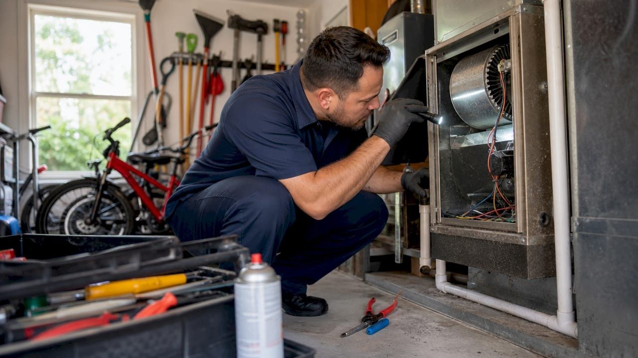 Technician kneeling at an open furnace cabinet in a garage